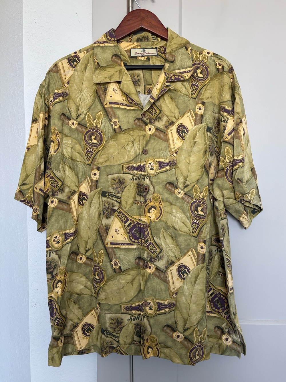 TOMMY BAHAMA CIGAR CURRENCY GREEN SILK GRAPHIC SHORT SLEEVE BUTTON DOWN MENS 2XL